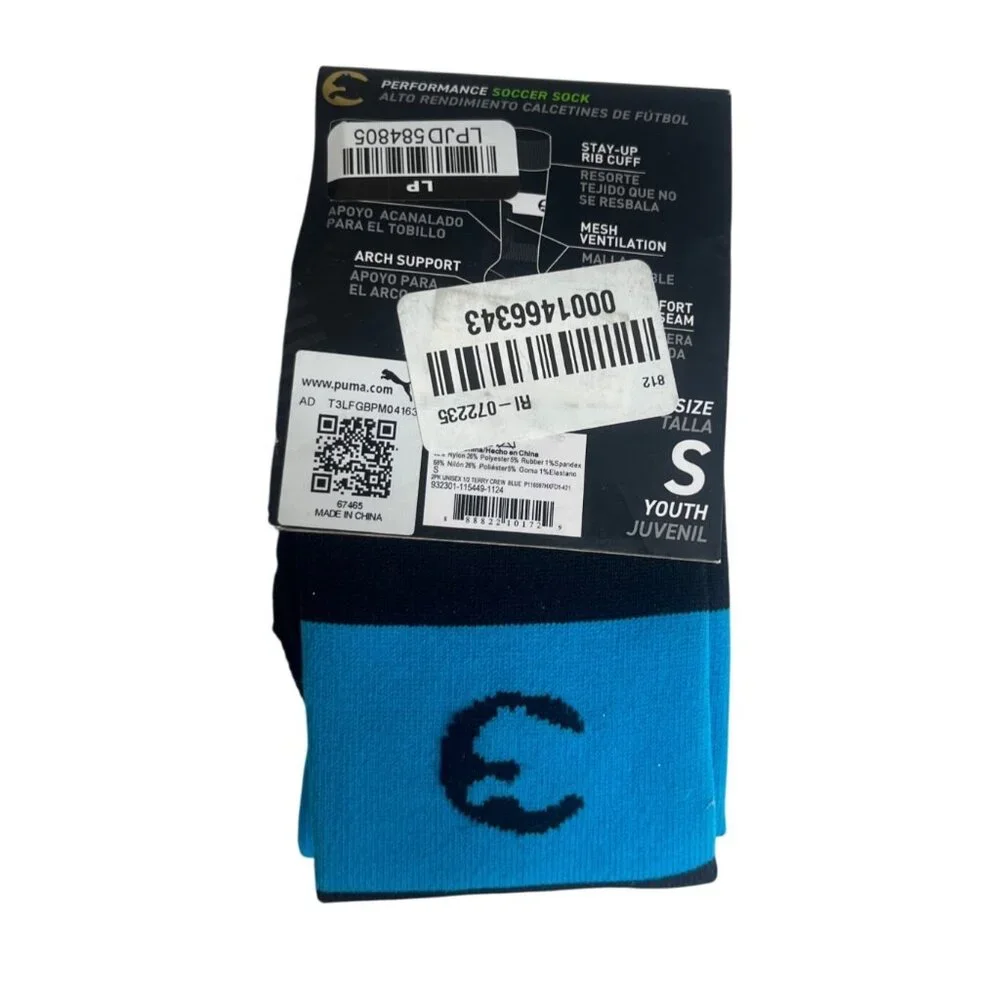 E By Puma Youth Soccer Socks 2 Pairs Small Black Blue New Arch Support Ventilati